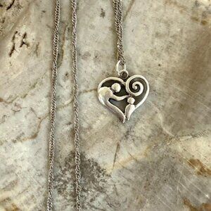 Sterling Silver 925 Mother & Child Scrollwork Heart Pendant Necklace 18" Chain